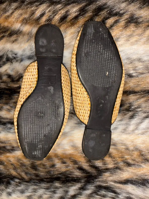 Flat mule-style sandals made of natural raffia from the Schutz brand, model Zaina, with a pointed toe design and black trim. - Image 6