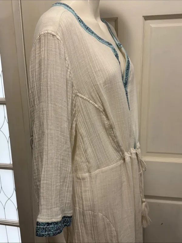 J Jill Gauzy Lined Ivory Dress XL Boho Drawstring Waist Blue Trim Pockets - Image 8