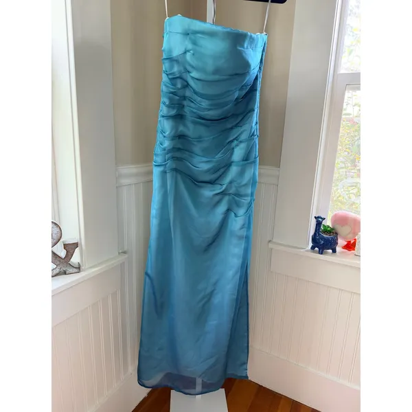 Kay Unger Blue Strapless Ruched Column Gown Side Slit Size 6 - Image 2