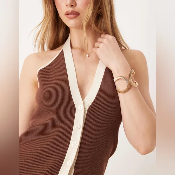 Abercrombie Ribbed Halter Top Sweater Vest | Brown & Cream Button Up Knit XL - Image 2
