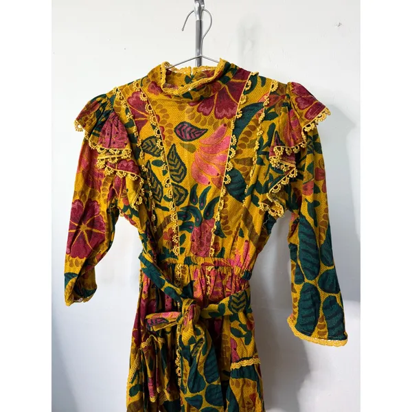 Farm Rio Mini Dress Yellow Floral Ruffle Pom Pom Trim Mock Neck Belted - Image 5