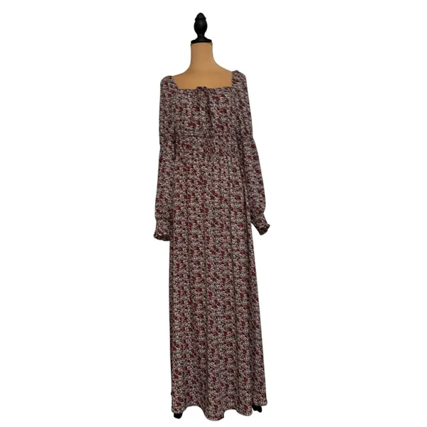 Promesa Floral Maxi Dress Burgundy Long Sleeve Square Neck Smocked Back Large - Image 2