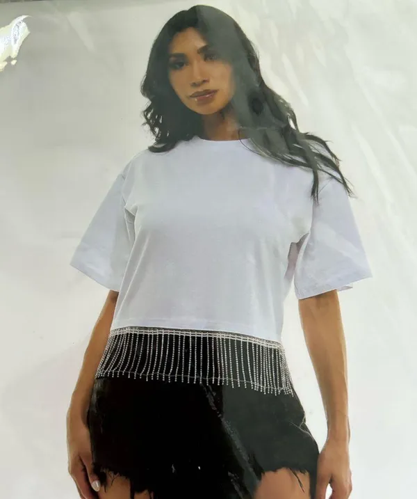 New White Cropped T-Shirt with Rhinestone Fringe women size L/XL party costumes - Image 3