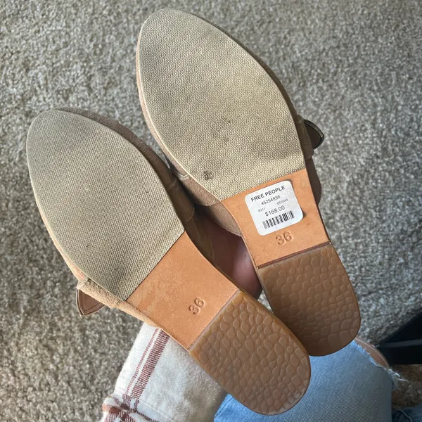 Free People Beige Champagne Suede Western Silver Buckle Slides - Image 3