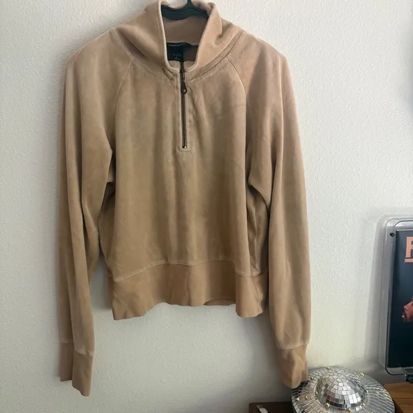 Moda International Tan Velour Quarter Zip Pullover Sweatshirt Large Raglan - Image 4