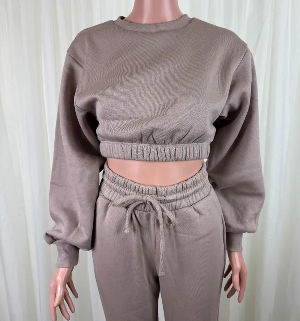 Zenana 2 Pcs Crop Sweatshirt Tracksuit Jogger Pants Set Outfit Active Loungewear Beige Size L - Image 6