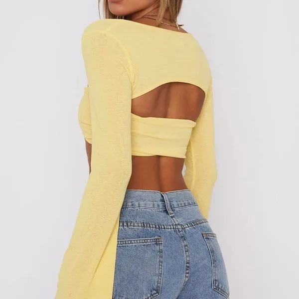 White Fox Womens Crop Top XS Yellow Long Sleeve Cutout Open Back Y2K Coquette - Image 2