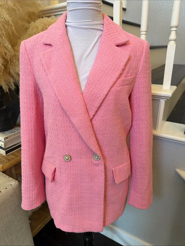 Zara Pink Tweed Blazer & Skort Shorts Set Double Breasted Flat Front Size XS - Image 3