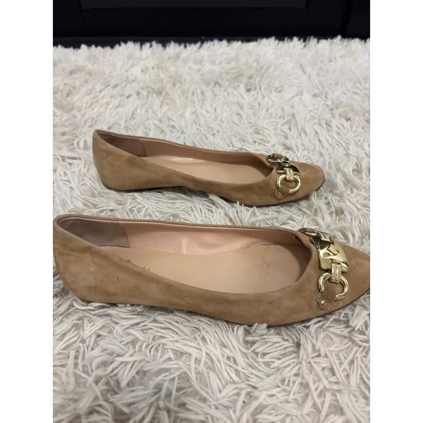 Kate‎ Spade Phoebe Suede Ballet Flats Gold Buckle Women Size 8 Tan Loafers - Image 3