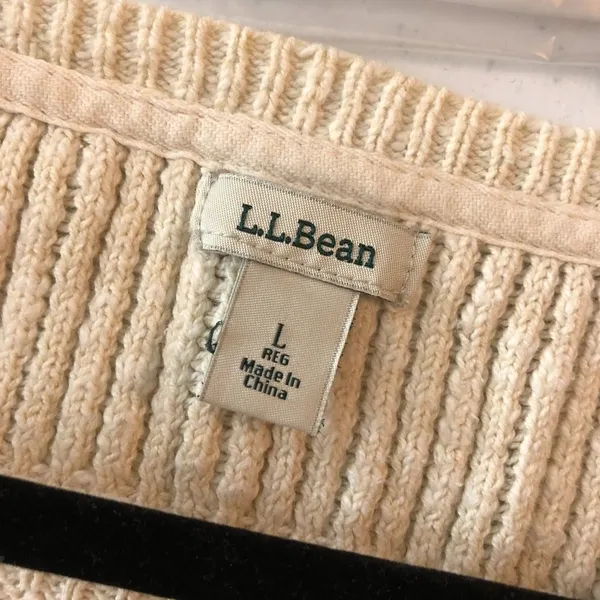 LL Bean Womens Sweater Cotton Chunky Ribbed Knit Scoop Neck Ivory L - Image 3