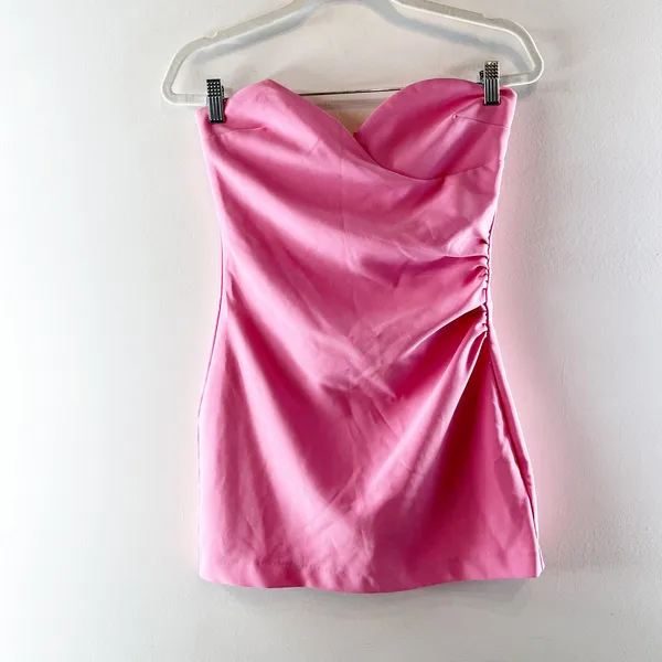 Zara Strapless Sweetheart Neck Ruched Mini Dress Bubble Gum Pink Medium - Image 4