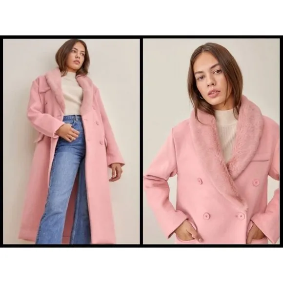 💕REFORMATION💕 Lester Coat ~ Faux Fur Shawl Collar Double Breasted Pink S NWT - Image 2