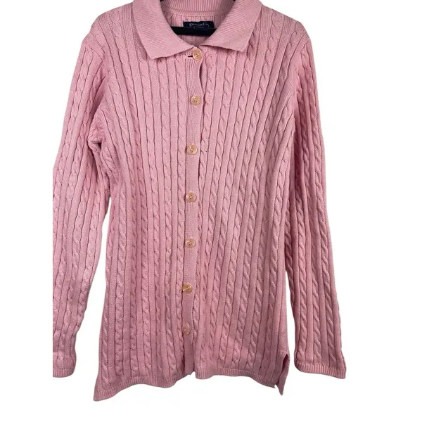 VTG Denim & Co Womens Small Pink Cable Knit Collared Button Up Cardigan Sweater - Image 3