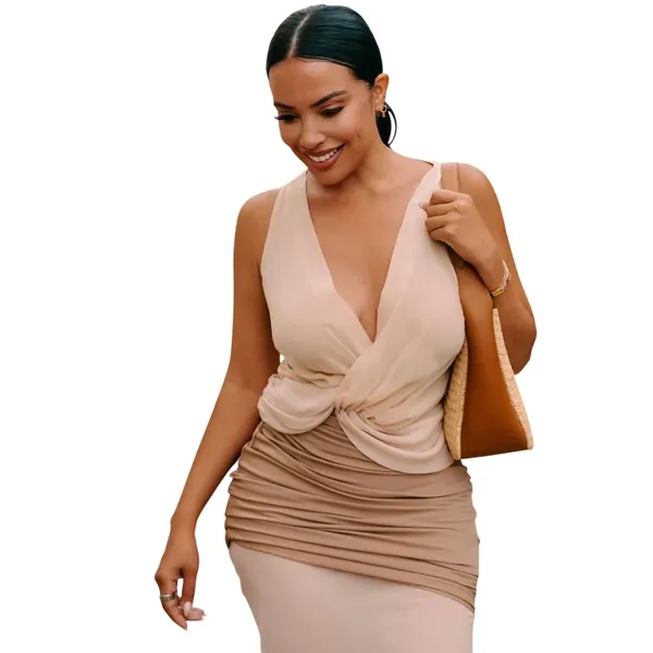 L'Academie Sleeveless Two Tone Beige Tan Chiffon Overlay Formal Evening Gown S M - Image 11