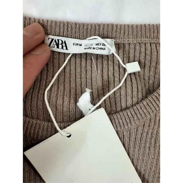Zara Ribbed Long Sleeve Crop Top Brown Size M Crew Neck Knit Casual - Image 9