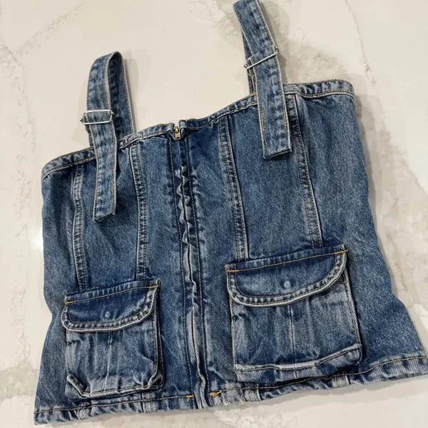Zara y2k Denim Bustier Crop Top Womens Size Small Blue Smocked Back Front Zipper - Image 2