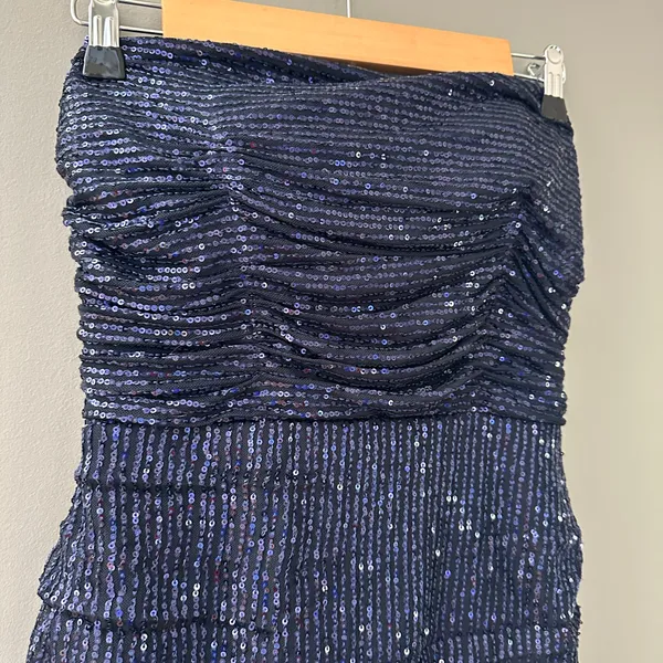 Navy Blue Sparkly Sequins Strapless Short Tie Back Dress Size 8 - Image 4