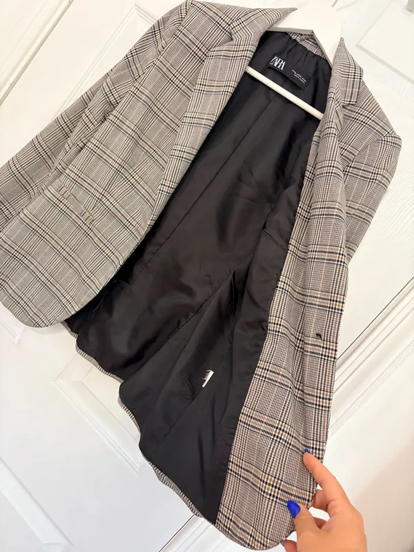 ZARA Womens Plaid Blazer Brown Glen Check Tailored Preppy Academia Old Money Chic Size S - Image 7