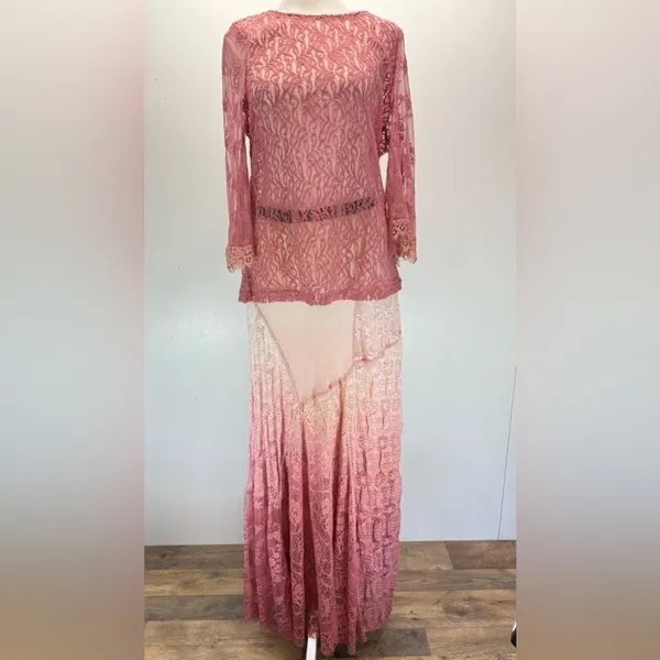 Sheer Mauve Mixed Lace Bell Sleeve Top Eyelash Fringe Gimmicks by BKE Fairy Boho - Image 14