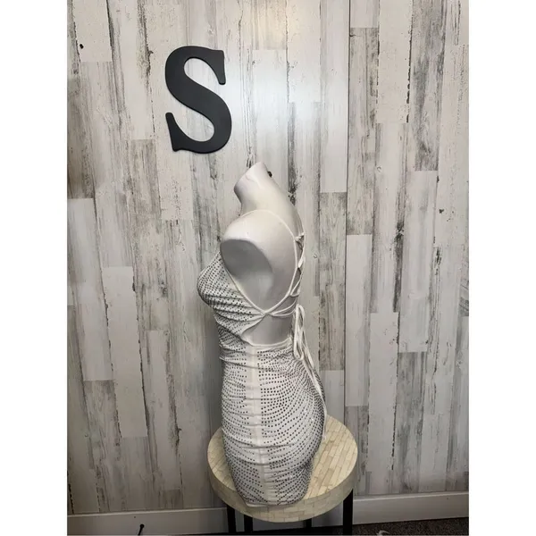 AKIRA White Rhinestone Studded Mini Dress Womens Size Small S Lace Up Open Back - Image 4