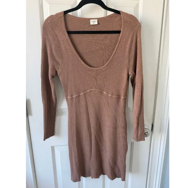 Abercrombie &‎ Fitch XLP Ribbed Sweater Dress Brown Long Sleeve Scoop Bodycon - Image 3