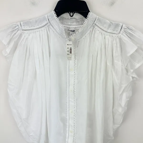 Madewell Shirred Lace Trim Top Blouse Cotton Viscose Lightweight White Small NWT - Image 8