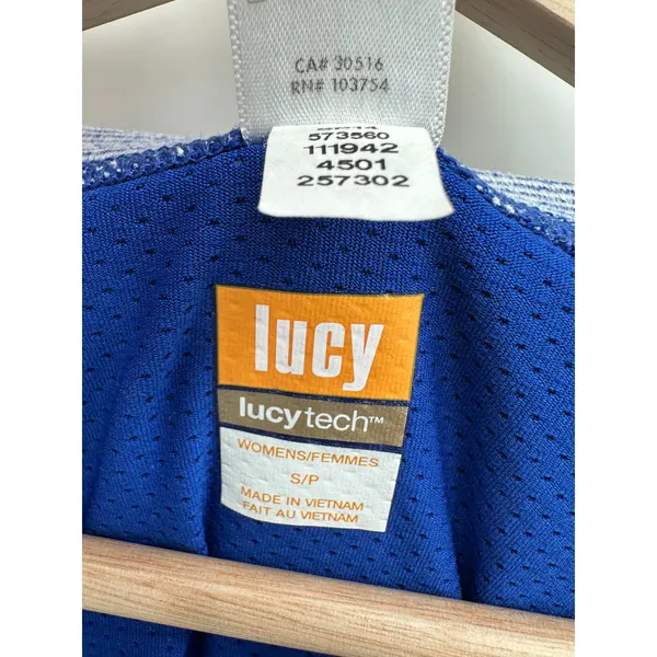 Lucy Lucytech‎ Blue Striped Long Sleeve Workout Shirt Women Sz S Cinch Thumbhole - Image 7