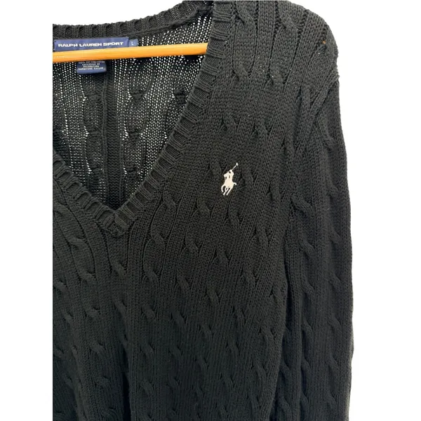 Ralph Lauren Black Cable Knit V-Neck Cotton Sweater L Preppy Coastal Old Money L - Image 2
