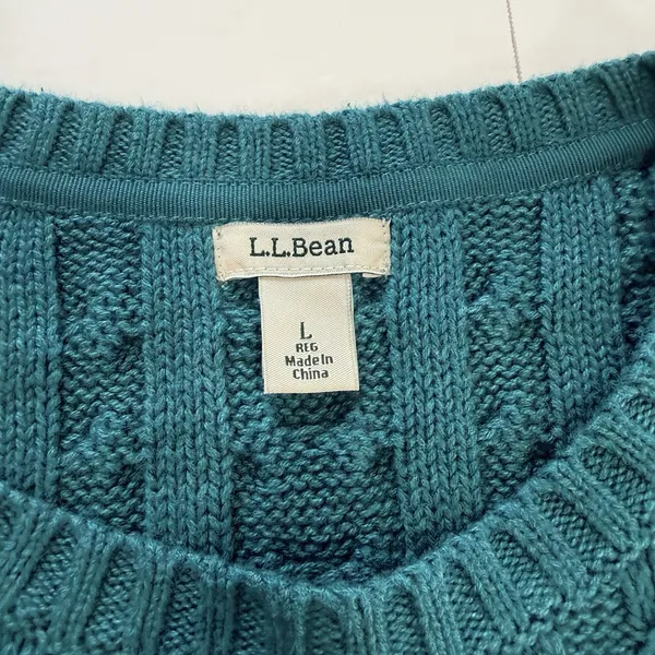 LL Bean Teal Double L Mixed Cable Cotton Crew Neck Pullover Sweater Size LARGE - Image 9