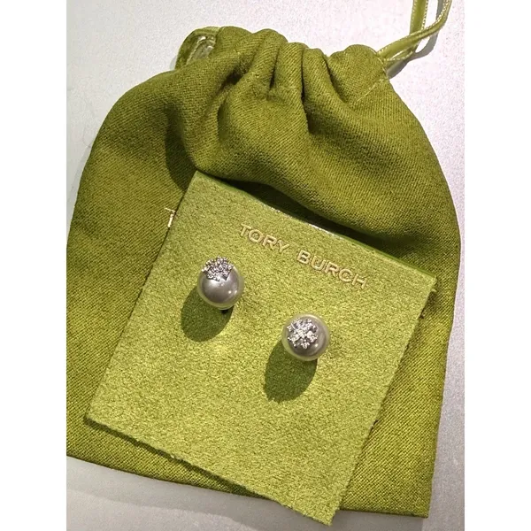 Tory Burch Moondance Pearl and Pavé Stacked T Logo Stud Earrings New Authentic - Image 2