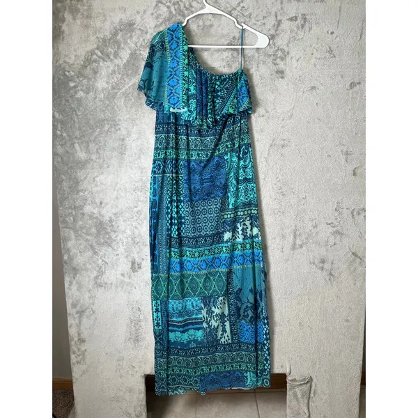 Fuzzi Italy Lace Mosaic Print One Shoulder Mesh Maxi Dress Turquoise Blue XL‎ - Image 3