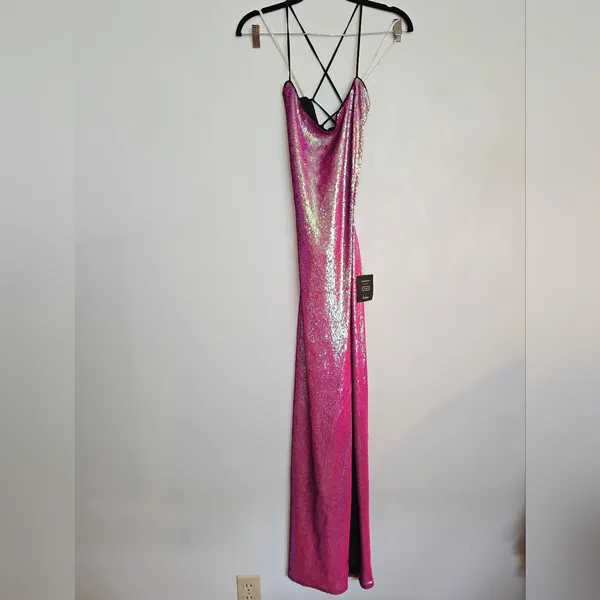 Lulu's Glam Diva Iridescent Hot Pink Sequin Lace-Up Maxi Dress - Image 6