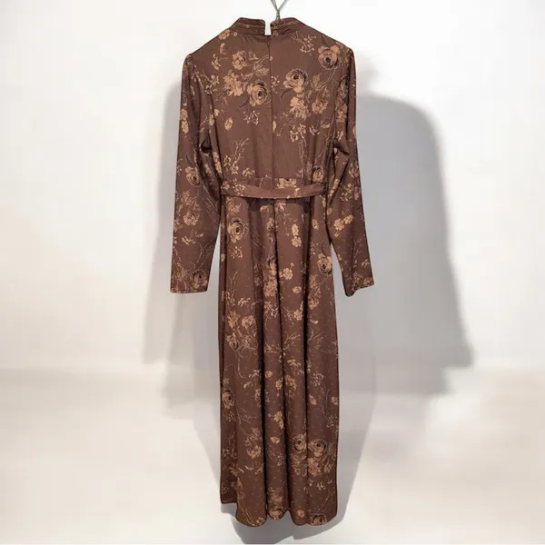 DMN by OZDUMAN Women’s Floral Brown Long Sleeve Maxi Dress with Empire Waist, LG - Image 2