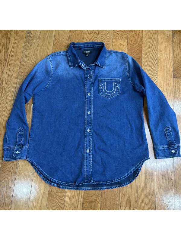 Size Large Women’s True Religion Western Denim Shirt Crystal Horseshoe - Image 2
