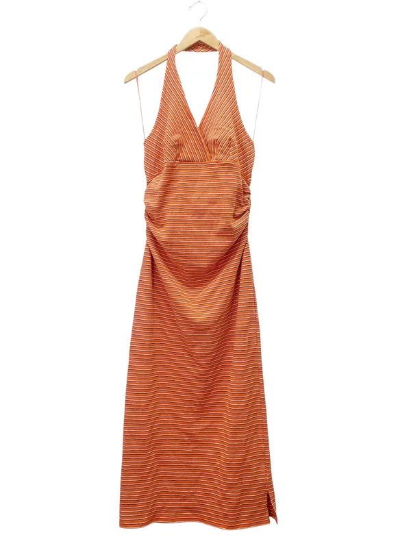 Pilcro High Tide Halter Slim Midi Dress Large Orange Stripe Anthropologie - Image 2