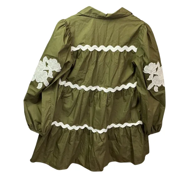 Olive Green Cotton Tiered Mini Dress Floral Embroidery‎ Ric Rac ID17203 Womens - Image 8