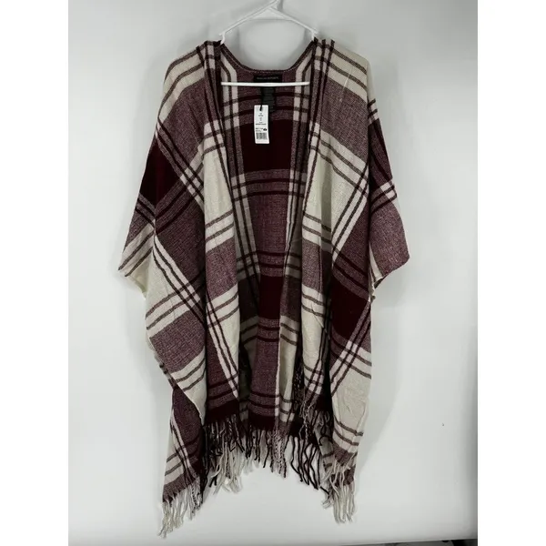 Banana Republic‎ Wrap Kimono Blanket Cashmere Blend Plaid Red Fringe Wine New - Image 2