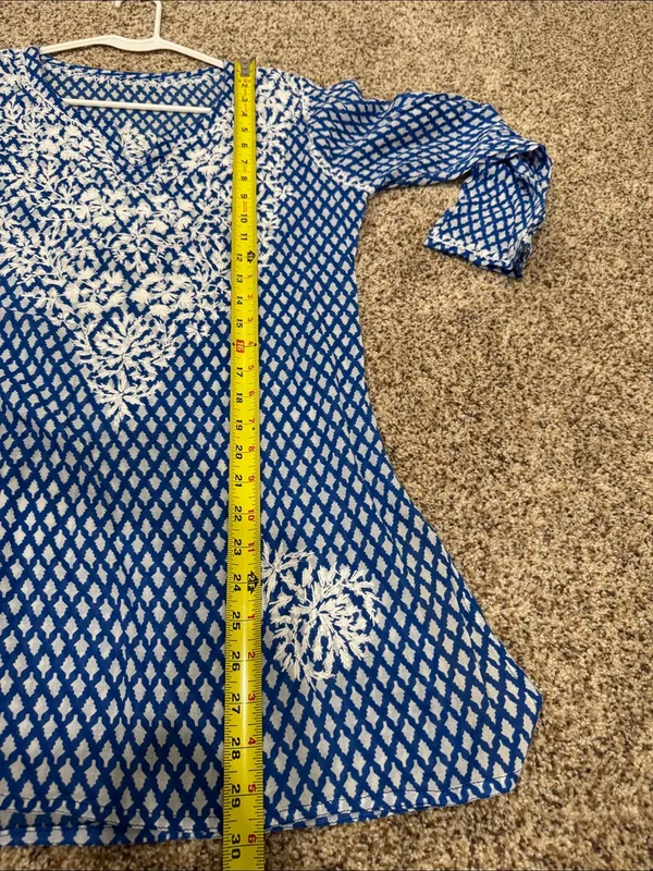 Mul cotton Blue and White Embroidered V-Neck Tunic Top kurti top - Image 7