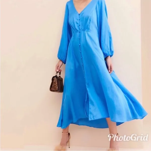 FREE PEOPLE Later Days Blue Button Front Long Sleeve Midi Dress Size‎ 0 New - Image 5