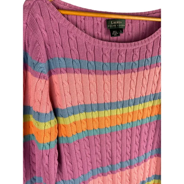 Vintage Lauren by Ralph Lauren Cable Knit Boat Neck Striped Sweater‎ Size Large - Image 4