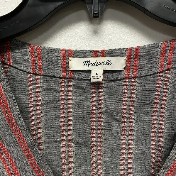 Madewell Shirt Women's Large Grey Red Striped VNeck Long Sleeve Cotton Blend - Image 2