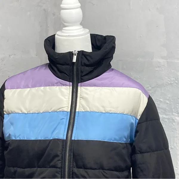 Popsugar puffer coat black block stripe Medium NWT - Image 2