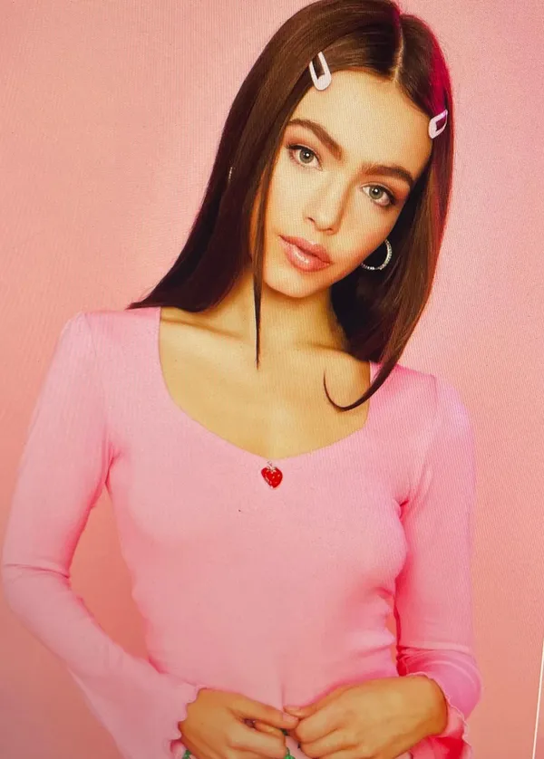 Dolls Kill Sugar Thrillz From Take A Bite Pink Strawberry Charm Flare Sleeve Crop Top, size S - Image 3