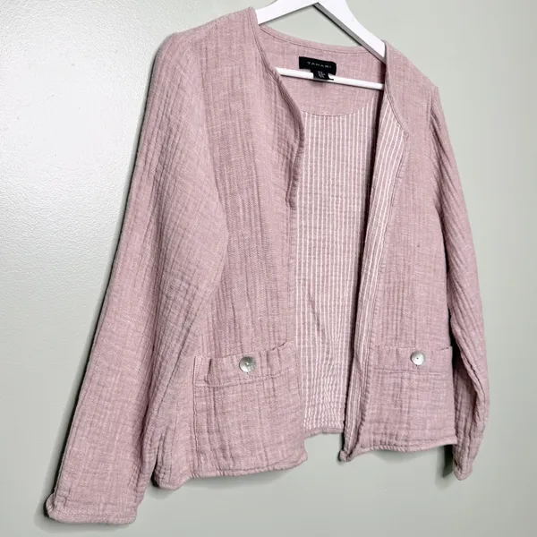Tahari Linen Gauze Lightweight Jacket Top Mauve Pink Purple White Pockets Medium - Image 3
