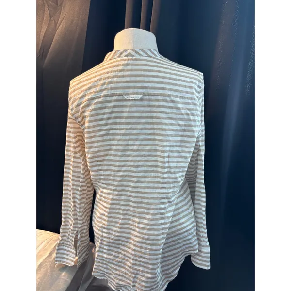 Grand & Greene Tan White Striped Cotton Button Down Shirt Mandarin Collar Small - Image 6
