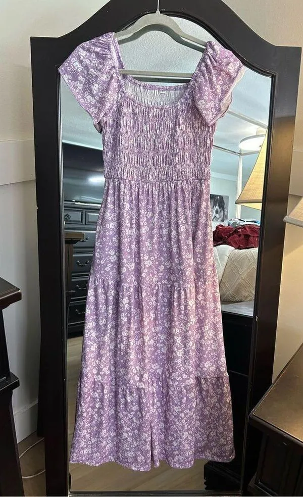 NEW Flutter Sleeve Scoop Neck Smocked Tiered A Line Flowy Maxi dress S - Image 3