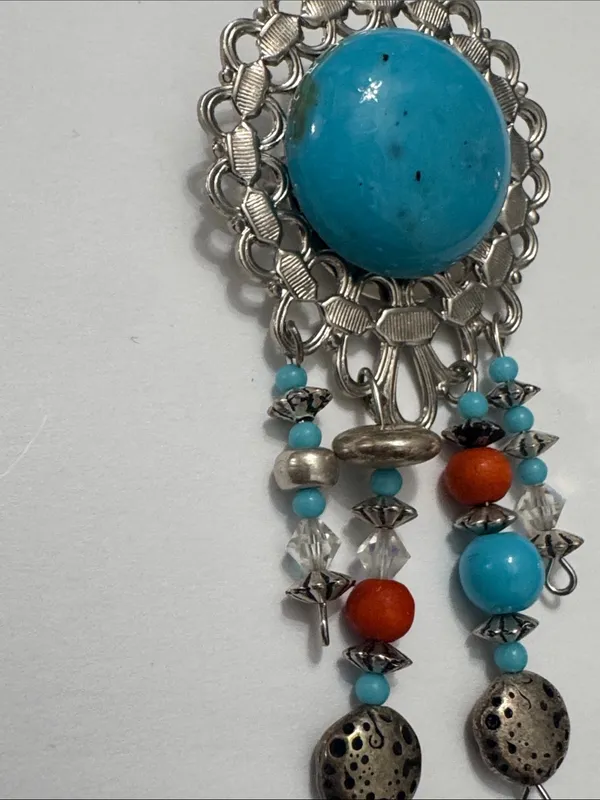 Vintage Turquoise& Coral Dangle Brooch — Silver-Tone Women’s Jewelry - Image 5