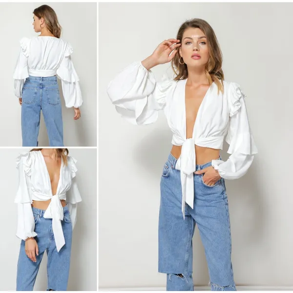 NEW NWT Revolve Line & Dot‎ XS White Sonia Blouse Style LT4153B Cropped Ruffled - Image 2
