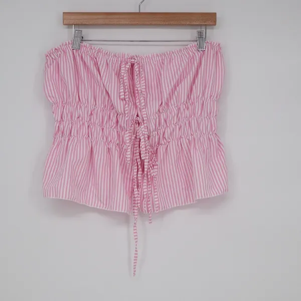 Shein Pink White Striped Smocked Tube Top Lace Up Back Peplum XL - Image 5