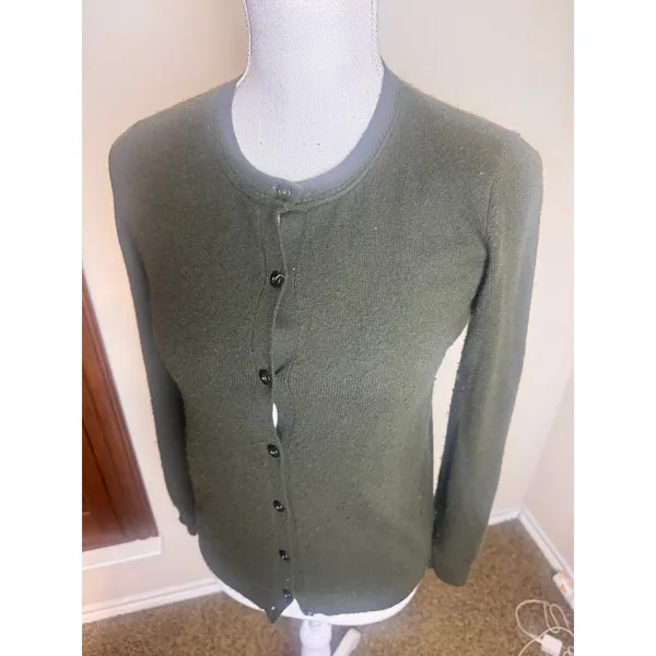 Magashoni Cashmere Cardigan Sweater Olive Green Button Front Crew Neck Womens - Image 3